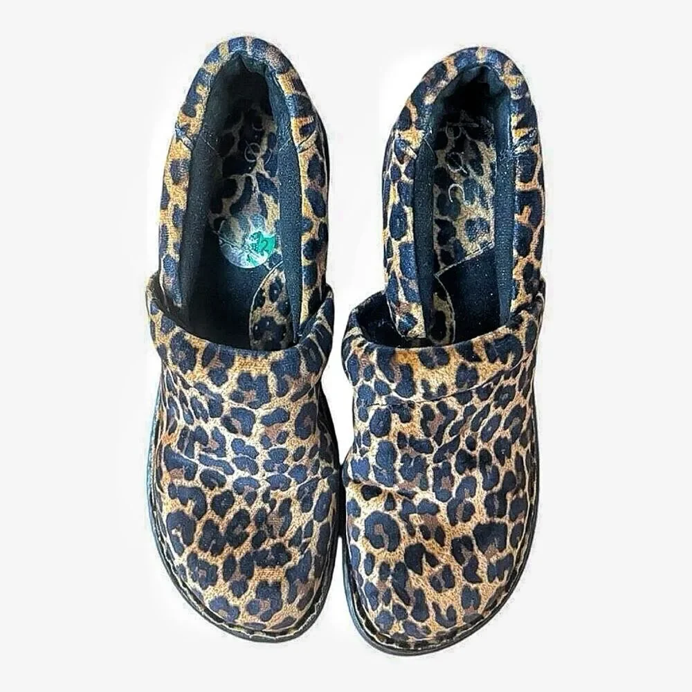 BOC Born Cheetah Leopard Leather Comfort Work Nurses Clogs Size 7.5